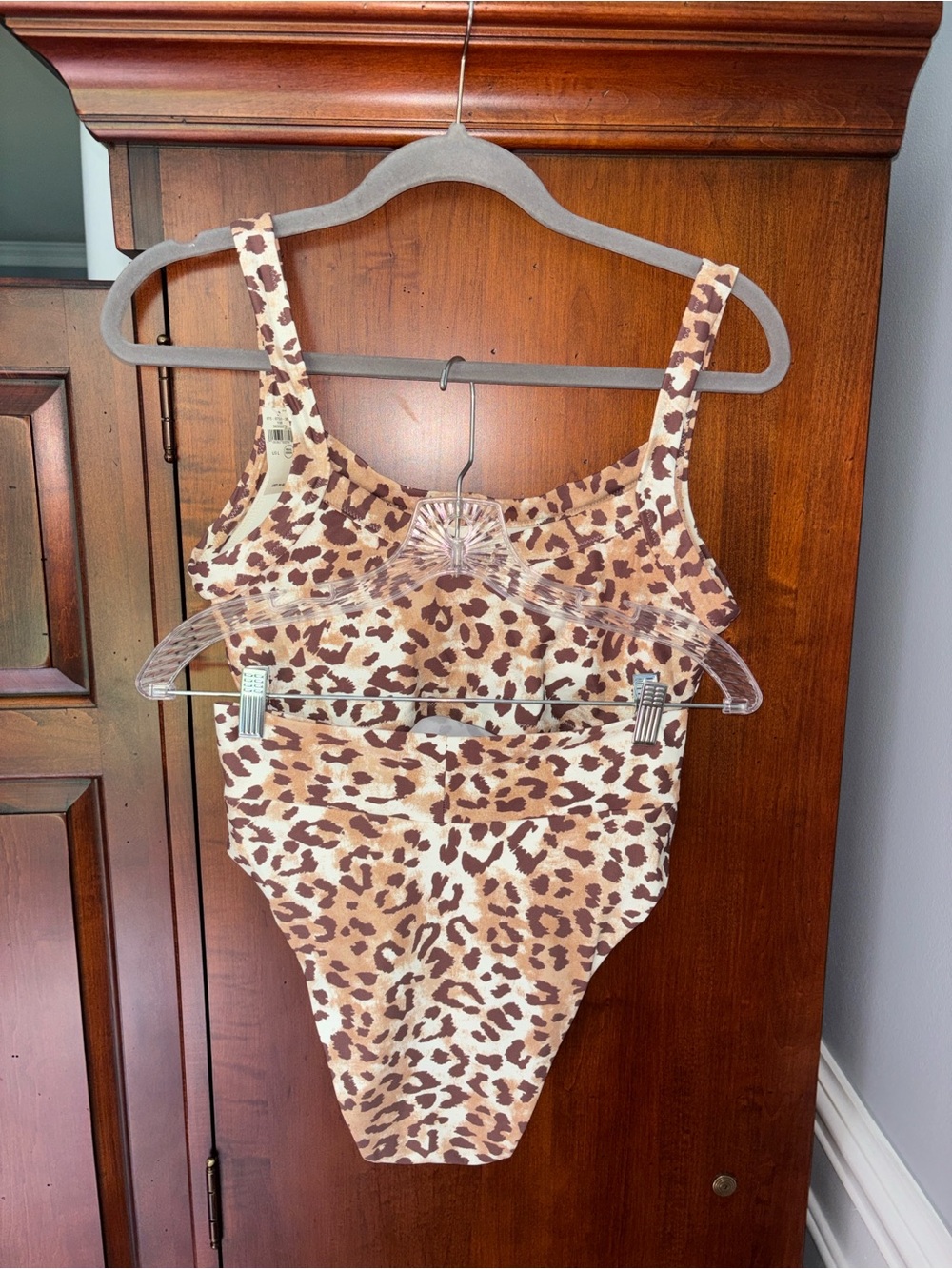 Aerie Bikini Set, Leopard Scoop Longline Top/ Hi Cut Cheeky Crossover Bottoms - Picture 3 of 15